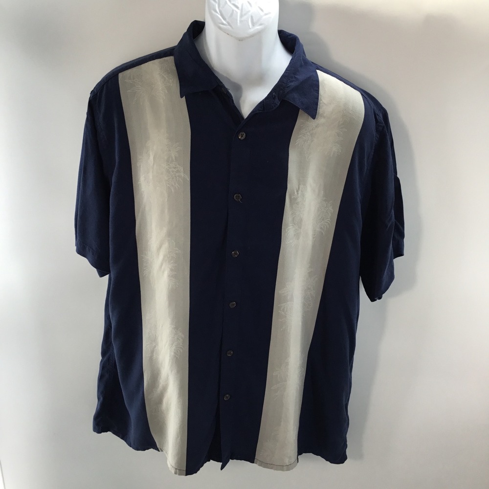Campia Mens XL‎ Navy Blue Rayon Button Down Tropical Palm Tree Bowling Shirt